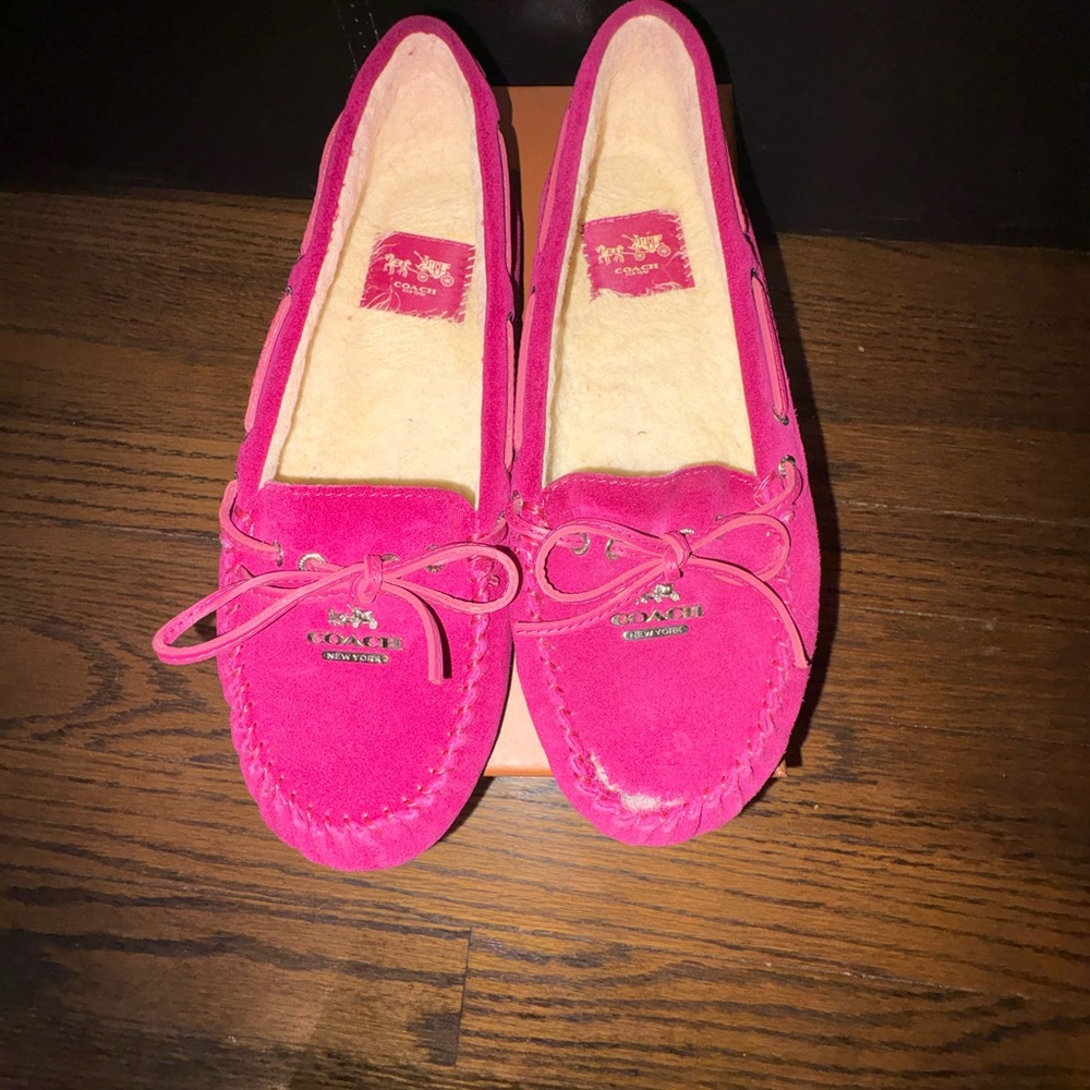 COACH Hot Pink Suede Bow Moccasin Flats